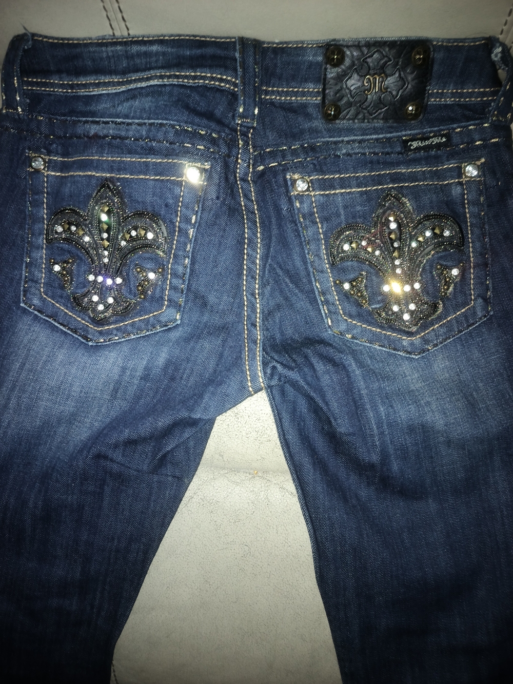 Miss Me Dark Blue Boot Cut Jeans with Rhinestone Fleur-de-Lis